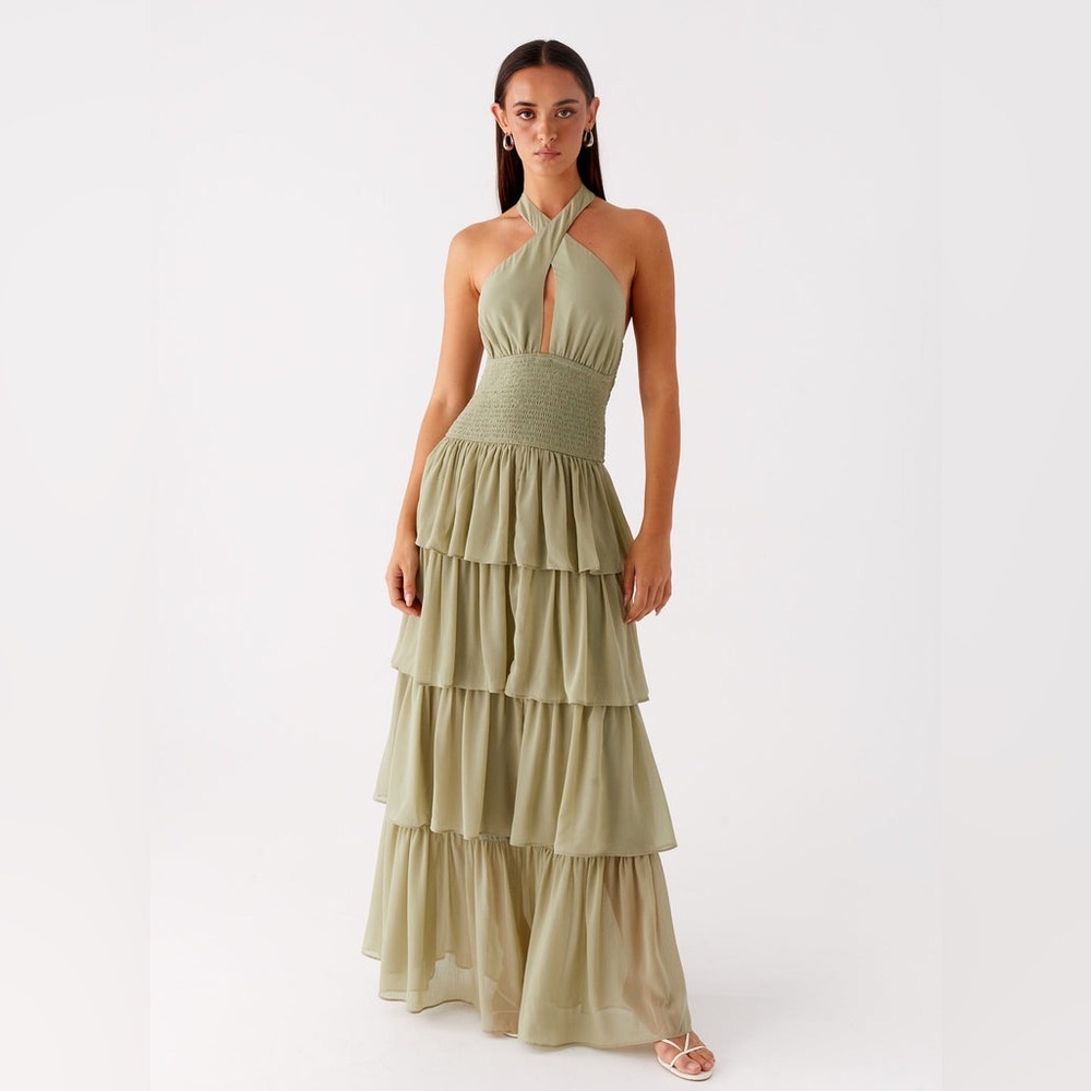 Peppermayo Olive Green Tiered Halter Maxi Dress